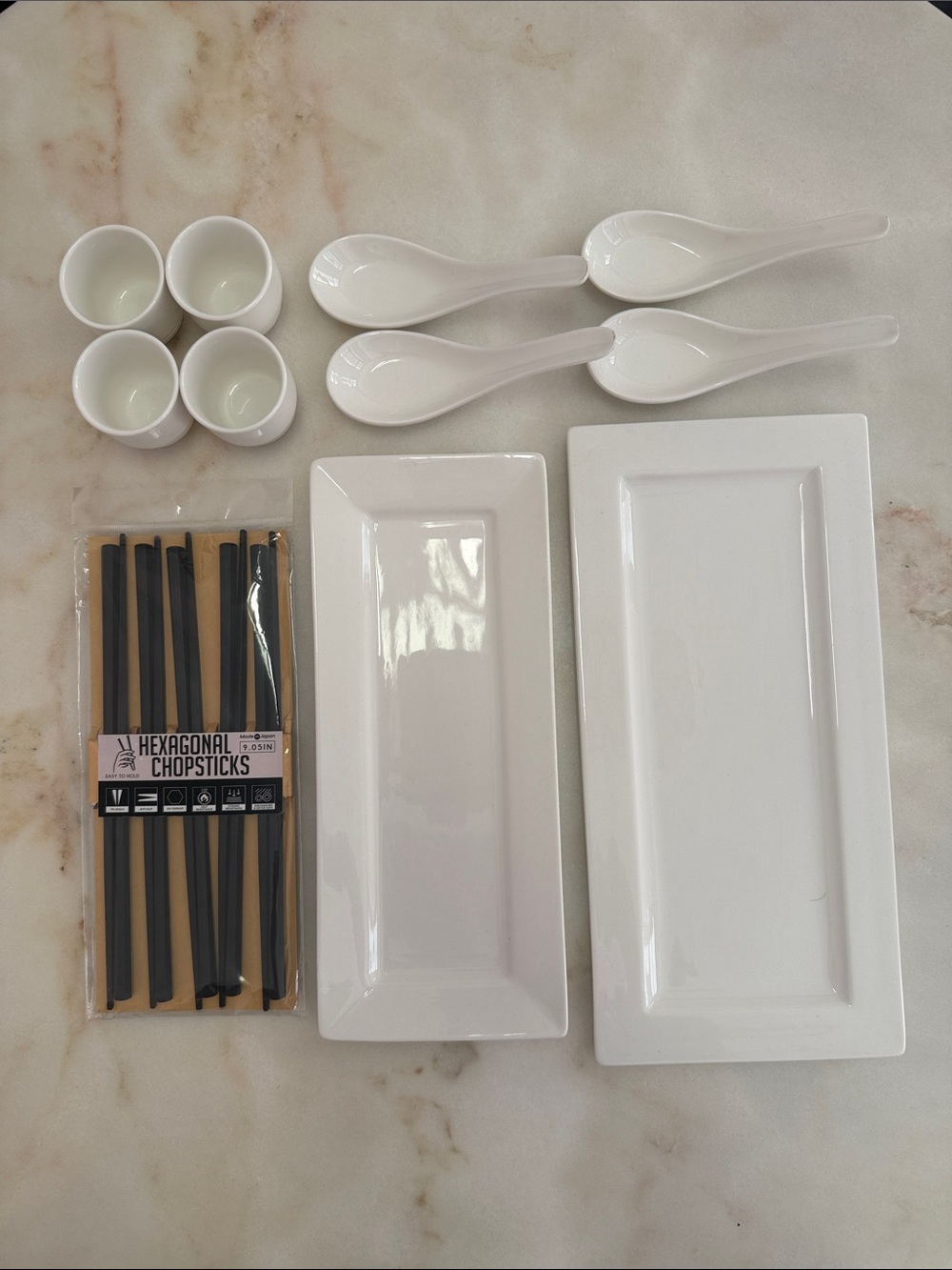 NWT Japanese White Porcelain Sushi Serving Set with Black Chopsticks